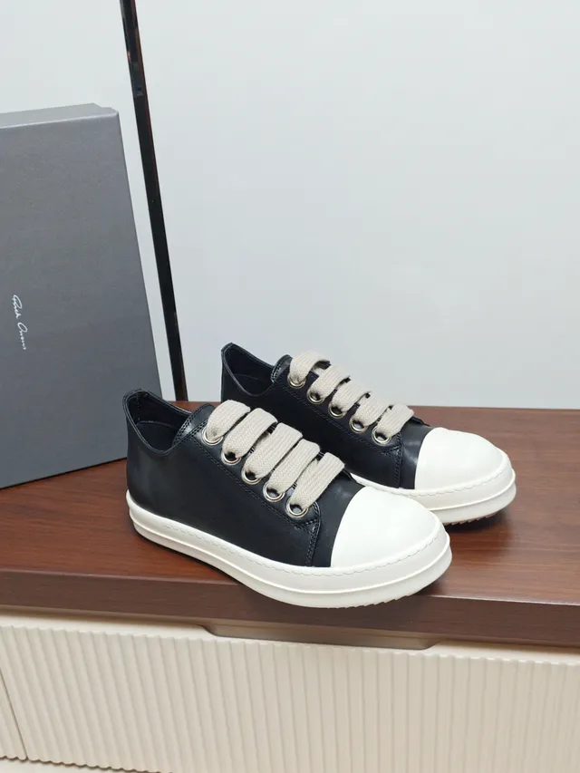 Rick Owens Black White Low-Top Leather Upper Lifestyle Sneakers