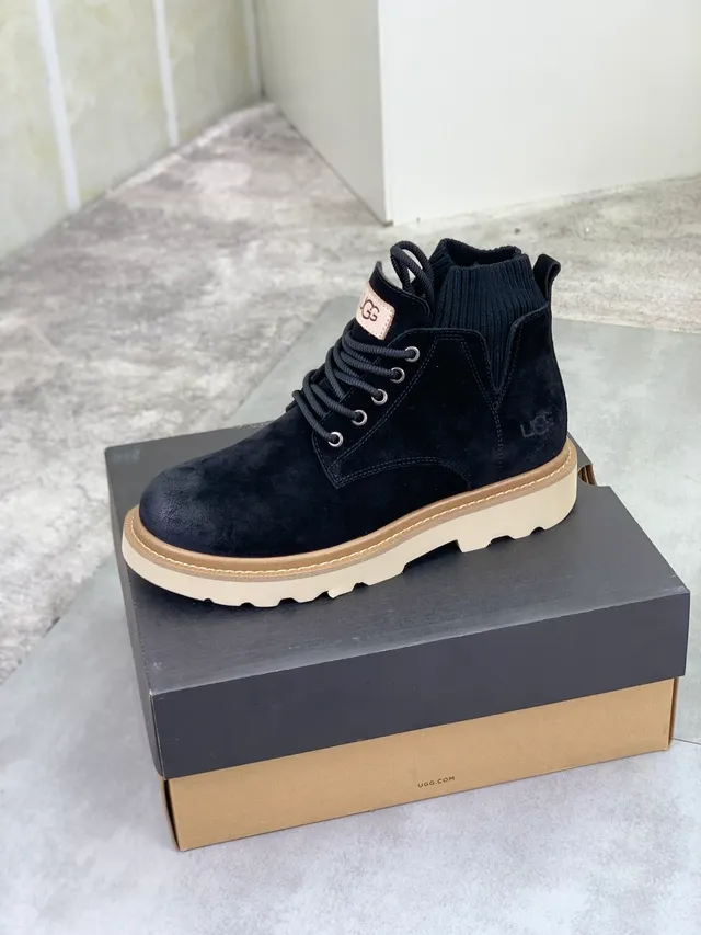 UGG Black Beige Suede Upper Ribbed Knit Collar Ankle Boots