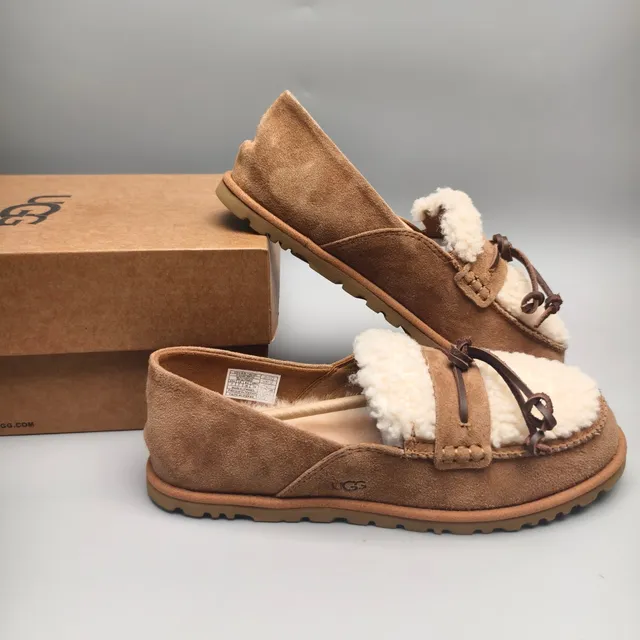UGG Tasman Brown Beige Suede Upper Shearling-Lined Vamp Loafer