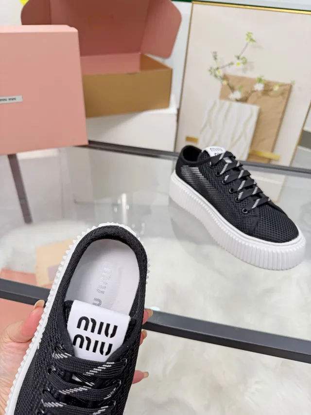 Miu Miu Wander Black White Mesh Upper Ridged Platform Sole Chunky Sneakers