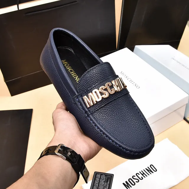 Moschino Logo-Strap Loafer Navy Gold Pebbled Leather Detail Loafer