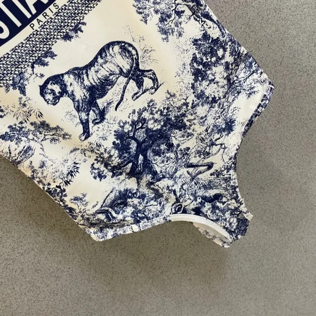 Christian Dior White Blue Toile-Print High-Cut Swimwear