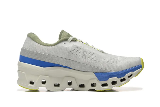 On Cloudmonster Light Gray Blue Lime Running Shoes