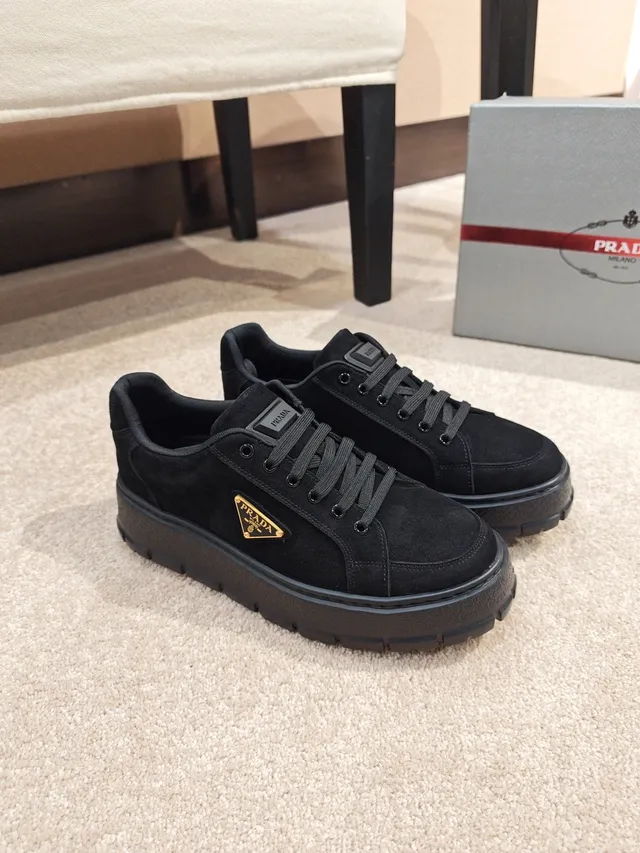 Prada Black Gold Suede Upper Platform Sole Lifestyle Sneakers