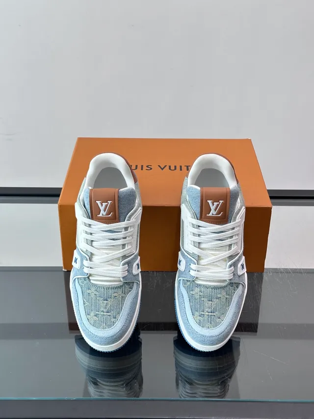 Louis Vuitton LV Trainer Blue Brown Monogram Jacquard Upper Layered White Cage Overlay Lifestyle Sneakers