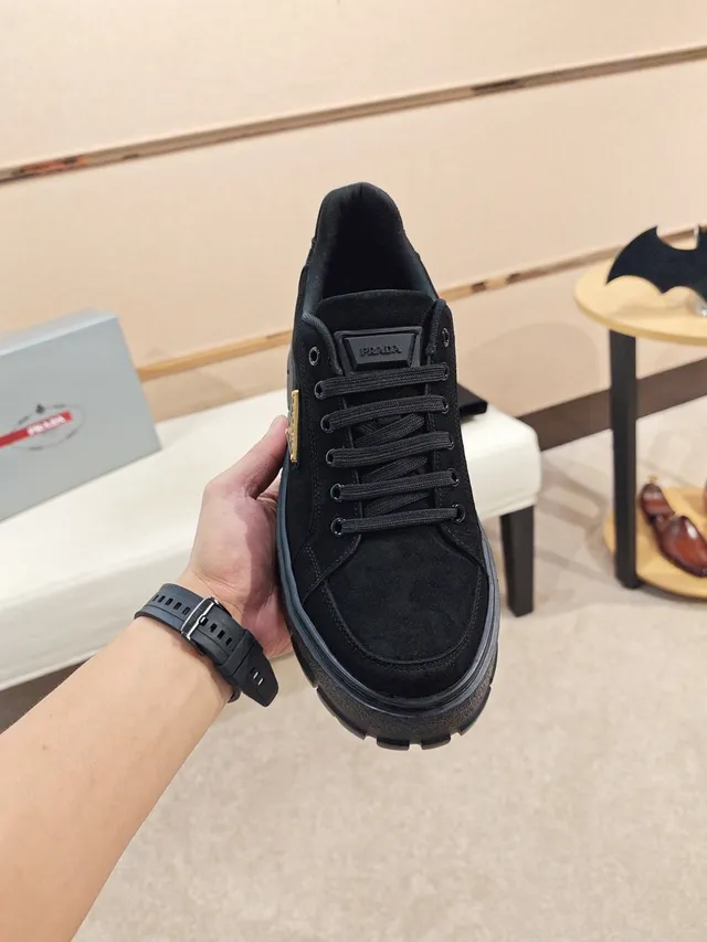 Prada Black Gold Suede Upper Platform Sole Lifestyle Sneakers