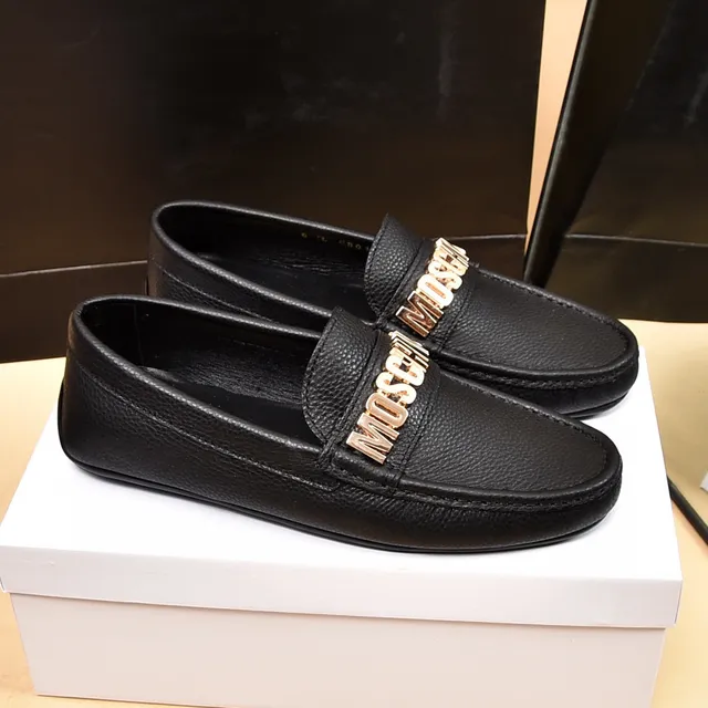 Moschino Logo-Bar Black Gold Pebbled Leather Hardware Loafer