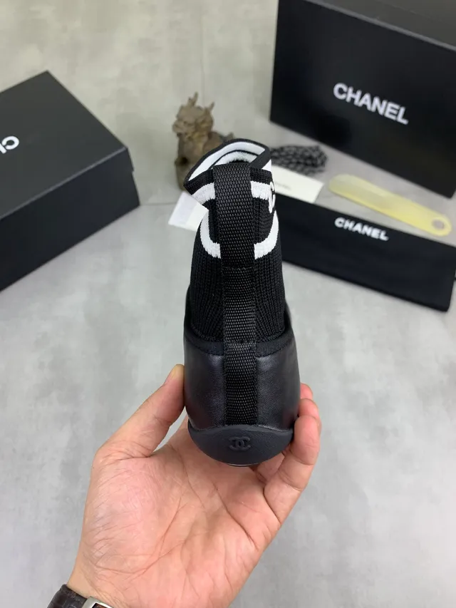 Chanel Black White Knit Sock Ankle Leather Toe Cap Ballet Flat