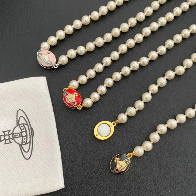 Vivienne Westwood Orb Pearl Necklace Beige Gold Strand Enamel Charm Necklace