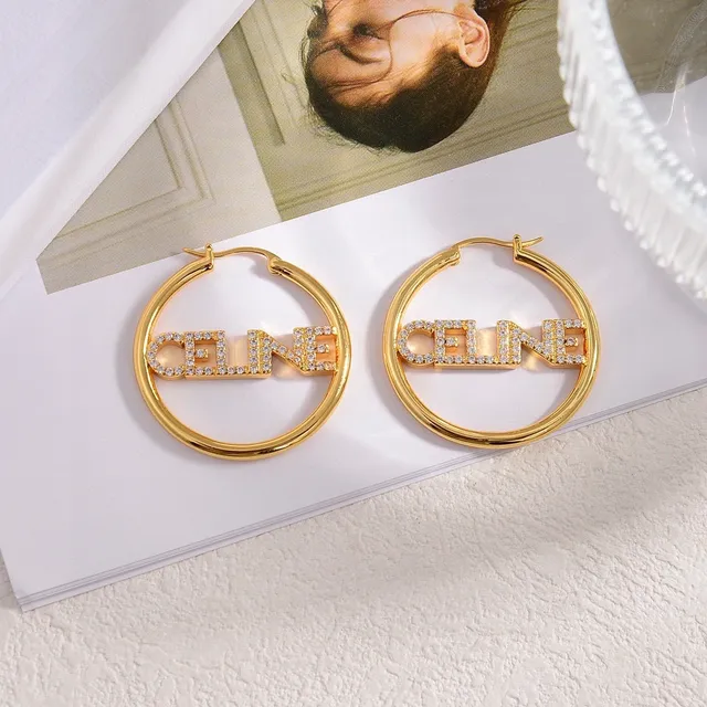 Celine Logo Hoop Silver Gold Crystal-Embellished Earrings