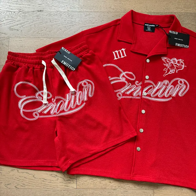 Mixed Emotion Script Logo III Black Collared Shirt and Shorts Casual Set
