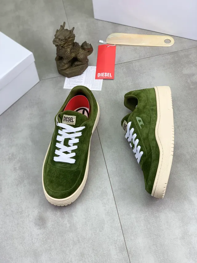 Diesel Olive Green Suede Perforated Toe Lifestyle Sneakers