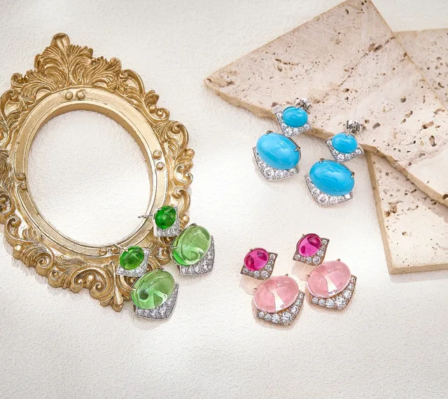 Turquoise Cabochon and Pavé Diamond Drop Earrings