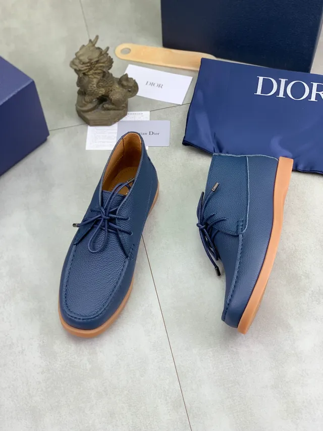 Dior Navy Beige Pebbled Leather Lace-Up Moccasin Boat Shoes