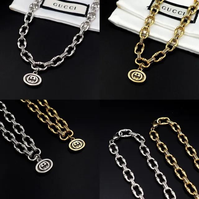Gucci Bamboo Chain Engraved Double G Pendant Necklace