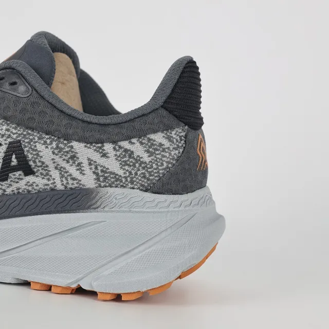 Hoka Gray Orange Engineered Knit Upper Maximalist Cushioned Midsole Running Shoes