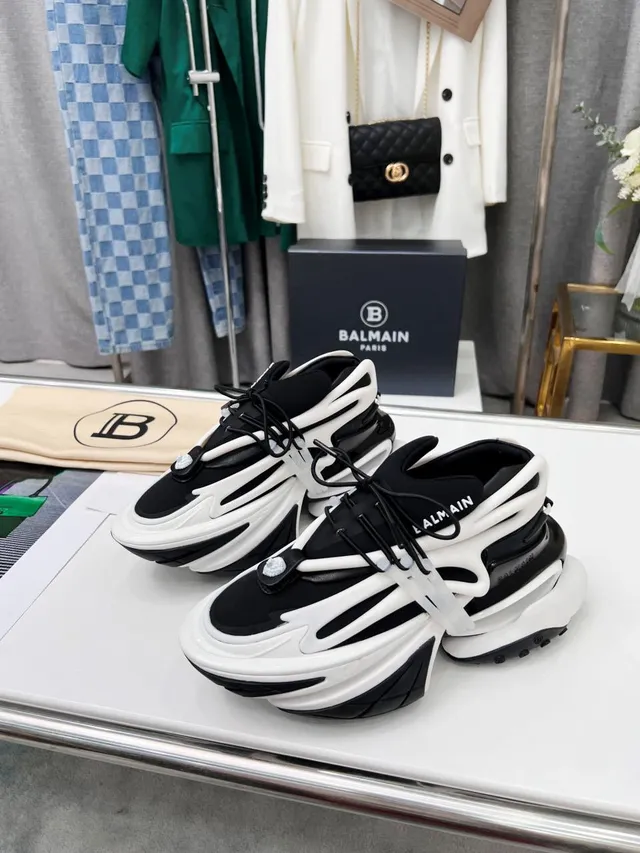 Balmain B-Court Black White Platform Sole Layered Construction Chunky Sneakers