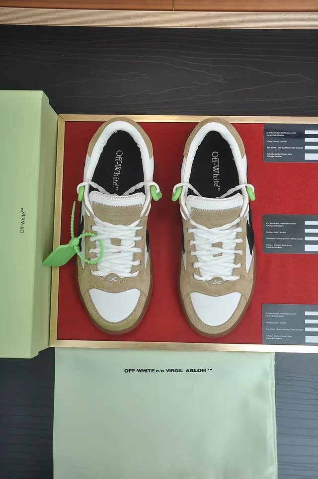 Off-White Beige Green Low-Top Mixed-Material Lifestyle Sneakers