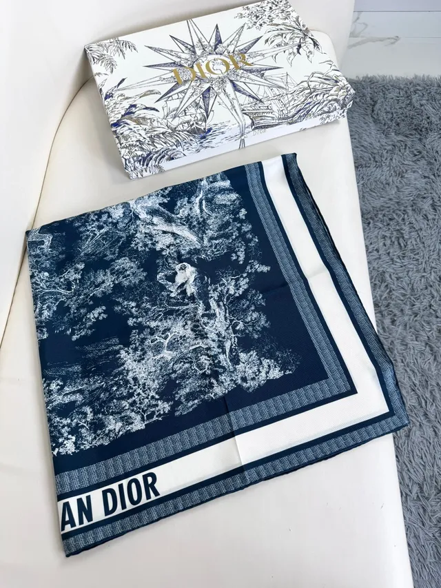 Dior Navy White Abstract Botanical Print Blue Base Silk Scarf