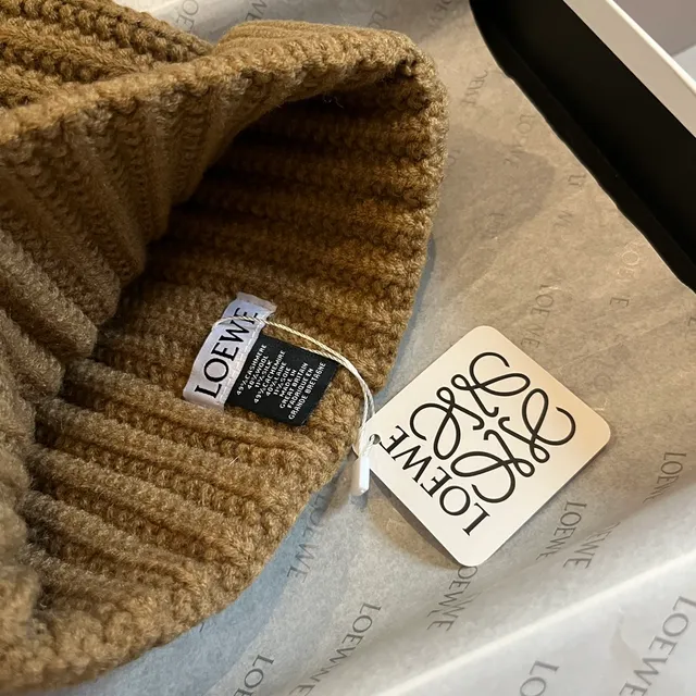Loewe Brown Beige Ribbed Knit Folded Cuff Beanie