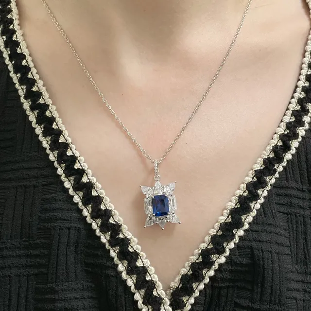 Blue Rectangular Gemstone Halo Pendant Necklace