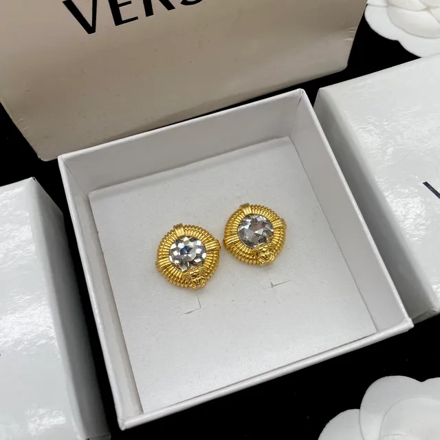 Versace Medusa Stud Gold Transparent Ribbed Bezel Faceted Crystal Center Earrings