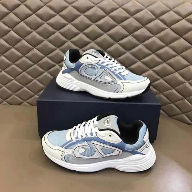 Dior Blue Gray Layered Mesh And Synthetic Upper Oversized Outlined Logo Chunky Sneakers