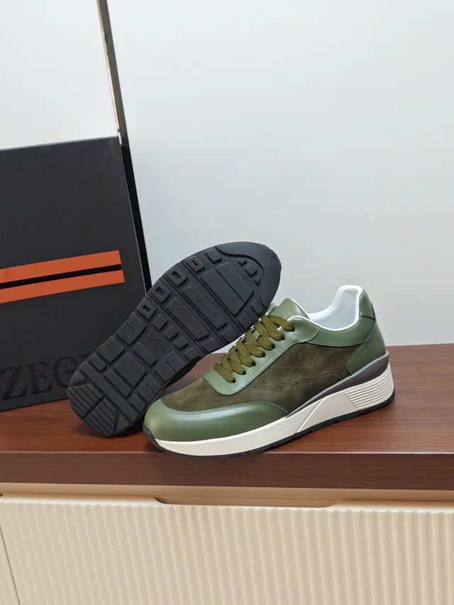 Zegna Olive Green Suede and Leather Layered Midsole Lifestyle Sneaker