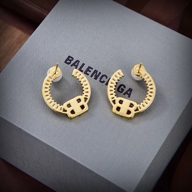 Balenciaga BB Pearl Hoop Gold Silver C-Shaped Double-B Monogram Earrings