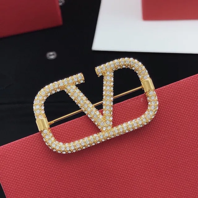 Valentino Gold Black Pavé-Crystal VLOGO Monogram Brooch