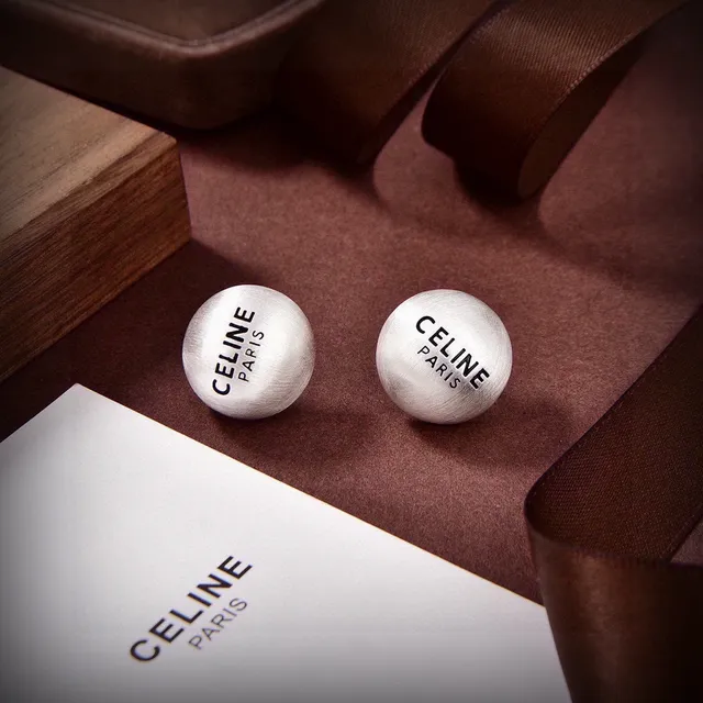 Celine Silver Gold Spherical Engraved Logo Earrings