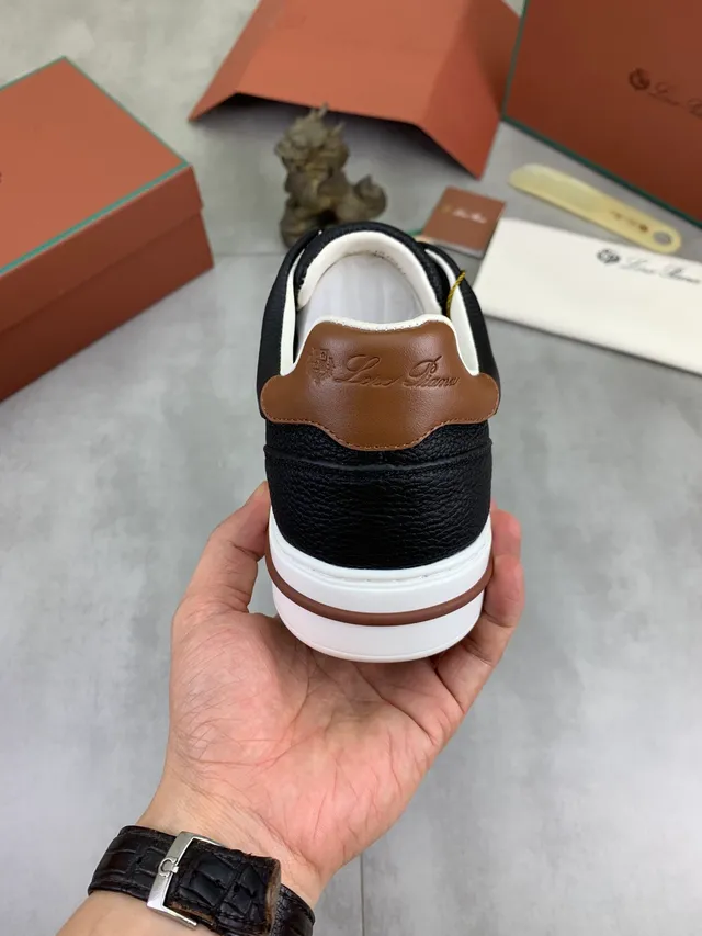 Loro Piana Black Pebbled Leather White Sole Lifestyle Sneaker