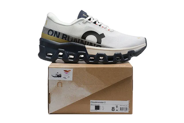 On Cloudmonster White Navy Gold Running Shoes