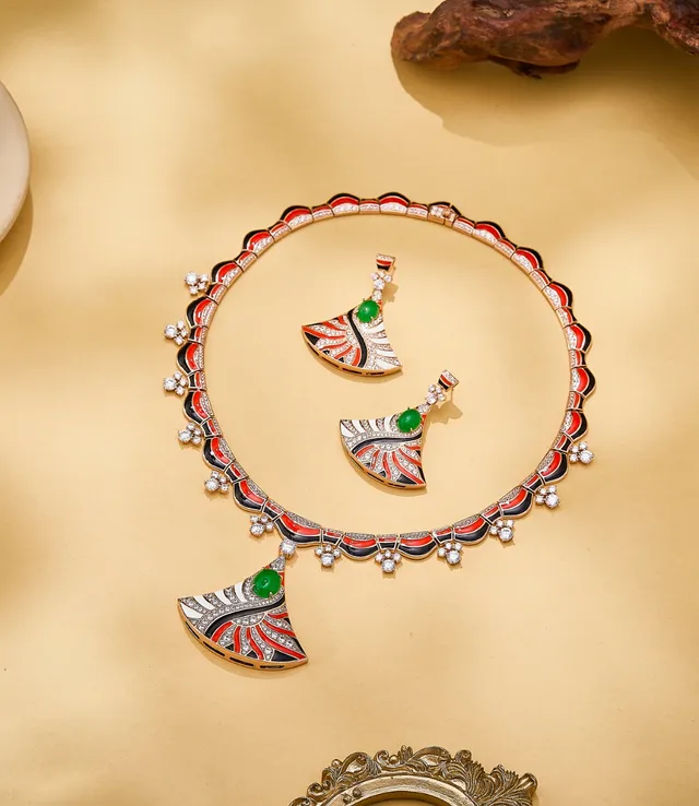 Gold Multicolor Fan-Shaped Enamel Inlay Earrings