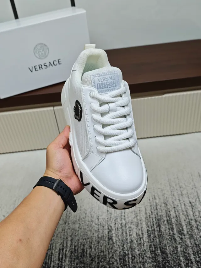 Versace White Black Leather-and-Fabric Upper Thick Sculpted Platform Sole Chunky Sneakers
