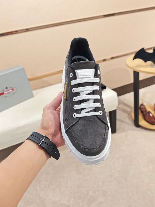 Prada Gray White Suede Upper Platform Sole Lifestyle Sneakers