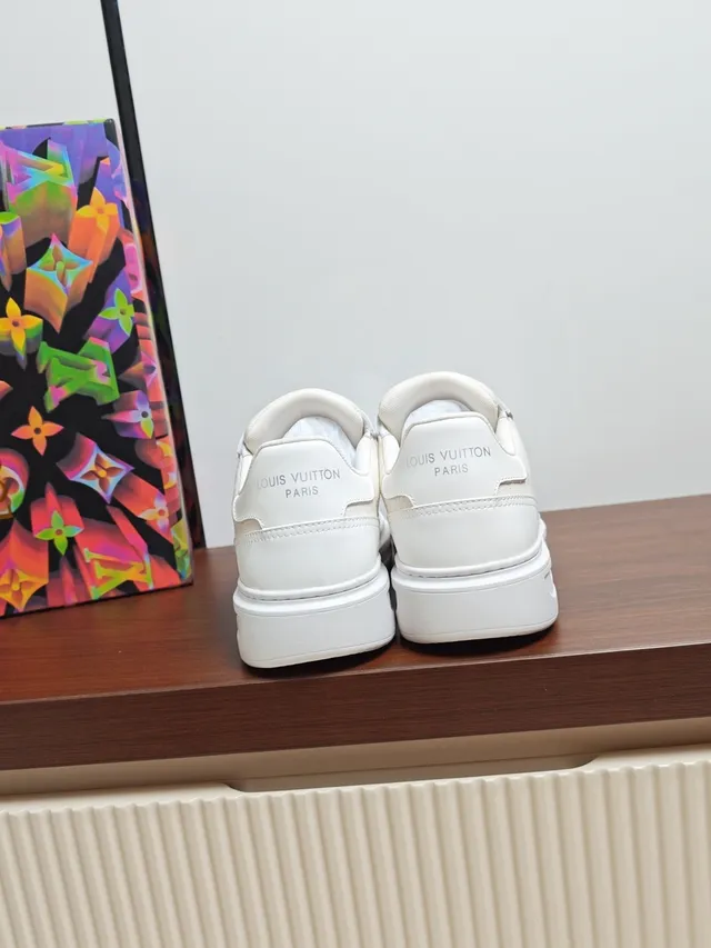 Louis Vuitton White Beige Low-Top Textile-and-Leather Upper Lifestyle Sneakers
