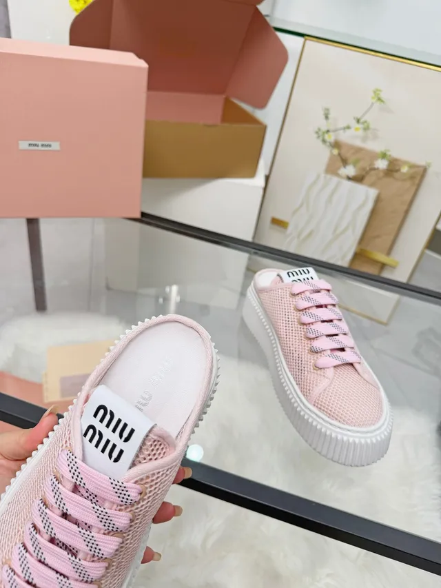 Miu Miu Platform Sneaker Pink White Mesh Upper Ridged Sole Lifestyle Sneakers