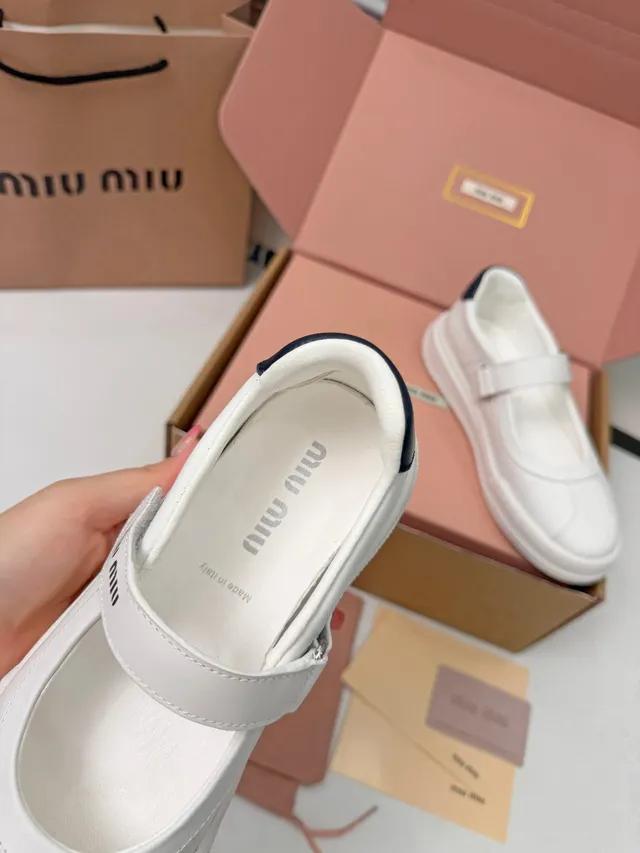 Miu Miu Mary Jane Sneaker White Navy Leather Upper Logo Strap Mary Jane Shoes