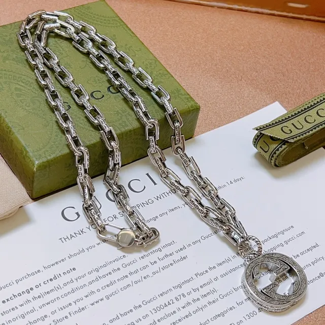 Gucci GG Marmont Silver Ornate Engraved Pendant Necklace