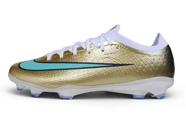 Nike Gold Blue Metallic Knit Upper Turquoise Swoosh Accent Firm-Ground Soccer Shoes