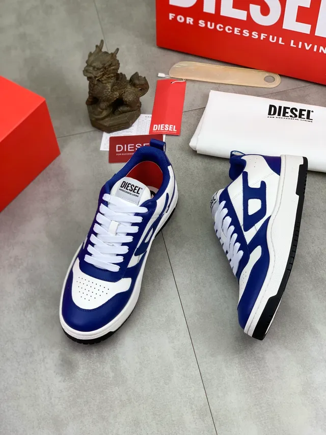 Diesel Blue White Bold Color-Blocked Perforated Toe Cap Sneakers
