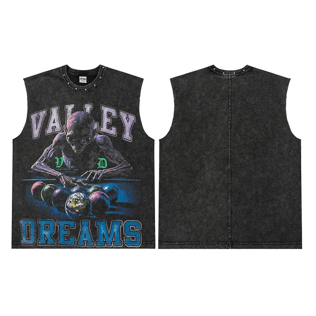 Acid-Wash Denim Graphic Vest Top