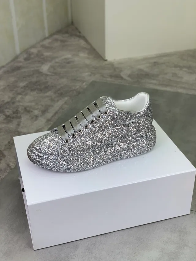 Alexander McQueen Silver White Glitter-Covered Platform Sole Lifestyle Sneakers