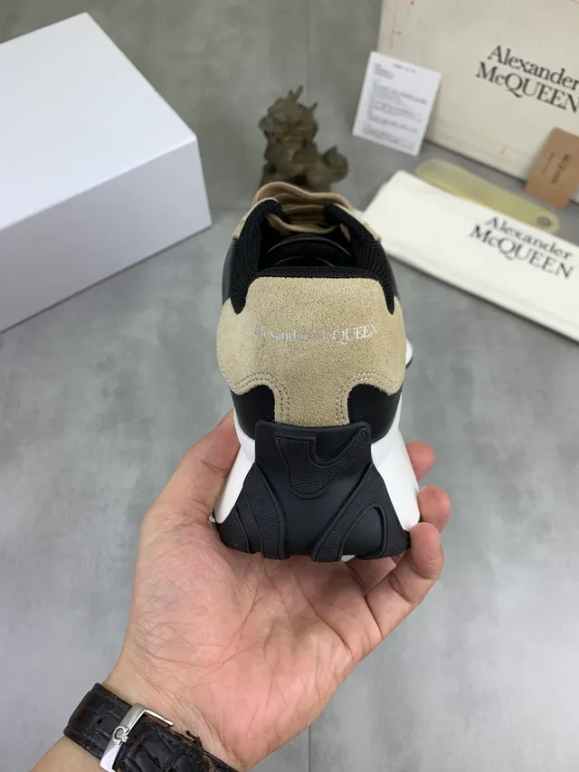 Alexander McQueen Beige Black Mixed-Material Paneling Suede And Leather Lifestyle Sneakers