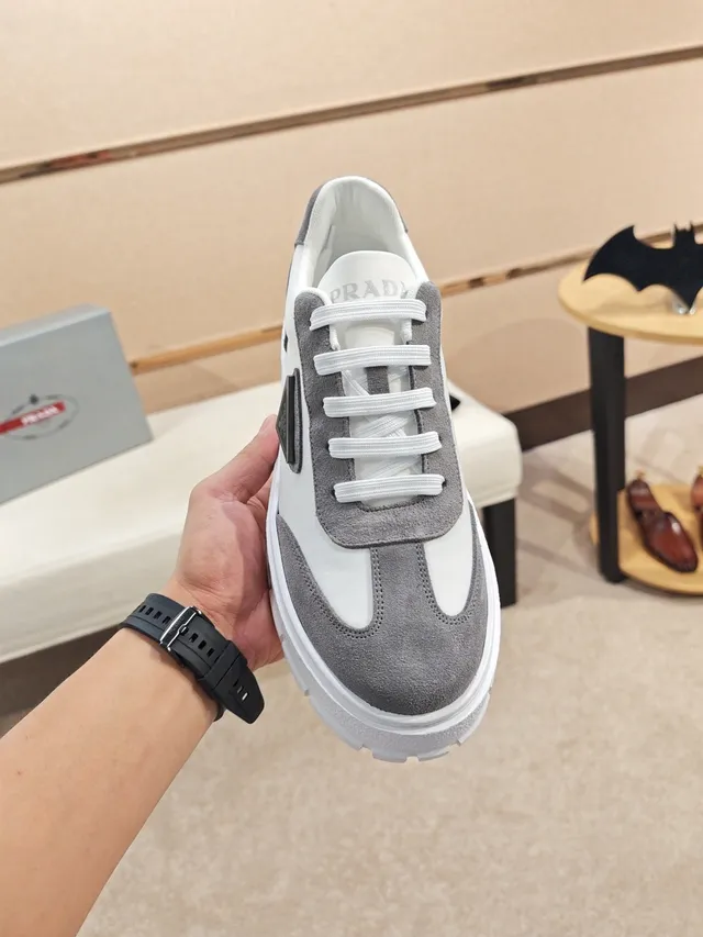 Prada White Gray Two-Tone Suede And Smooth Upper Chunky Sneakers