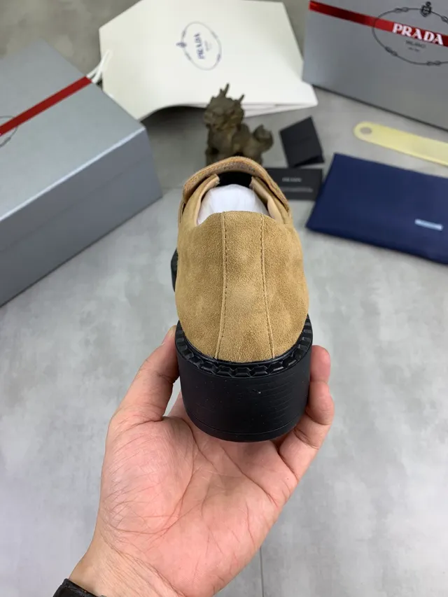 Prada Loafer Beige Black Suede Upper Triangle Plaque Logo Loafer