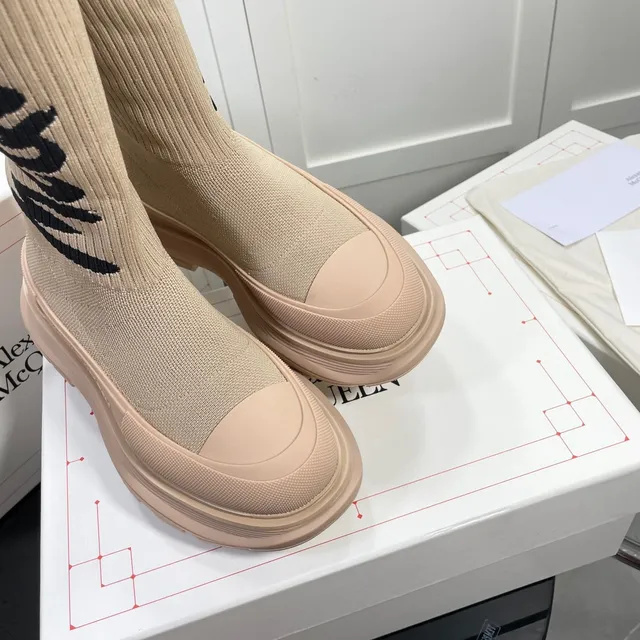 Alexander McQueen Tread Slick Beige Knit Logo Knee Boots