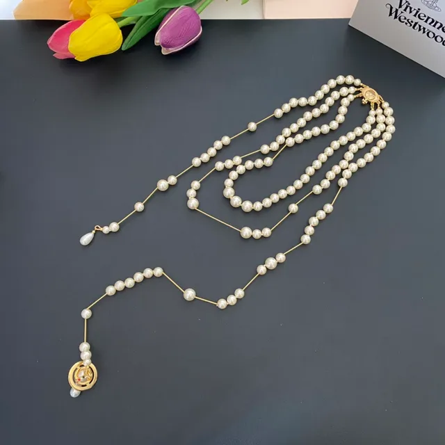Vivienne Westwood Orb Pearl Necklace Beige Gold Multi-Strand Logo Clasp Necklace