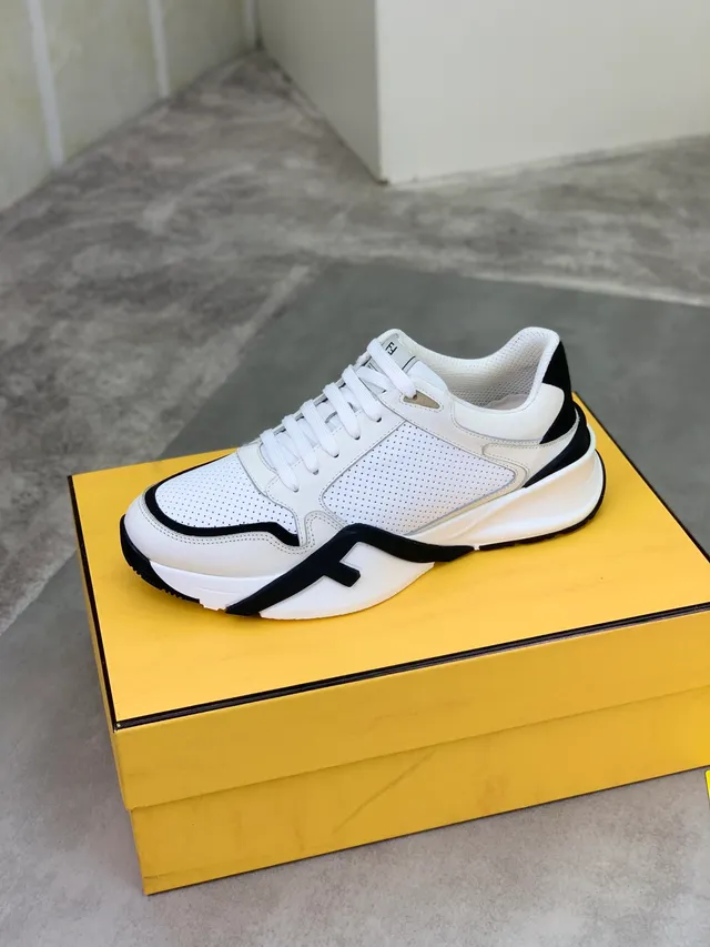 Fendi First White Black Perforated Leather Upper Contrast Trim Chunky Sneakers